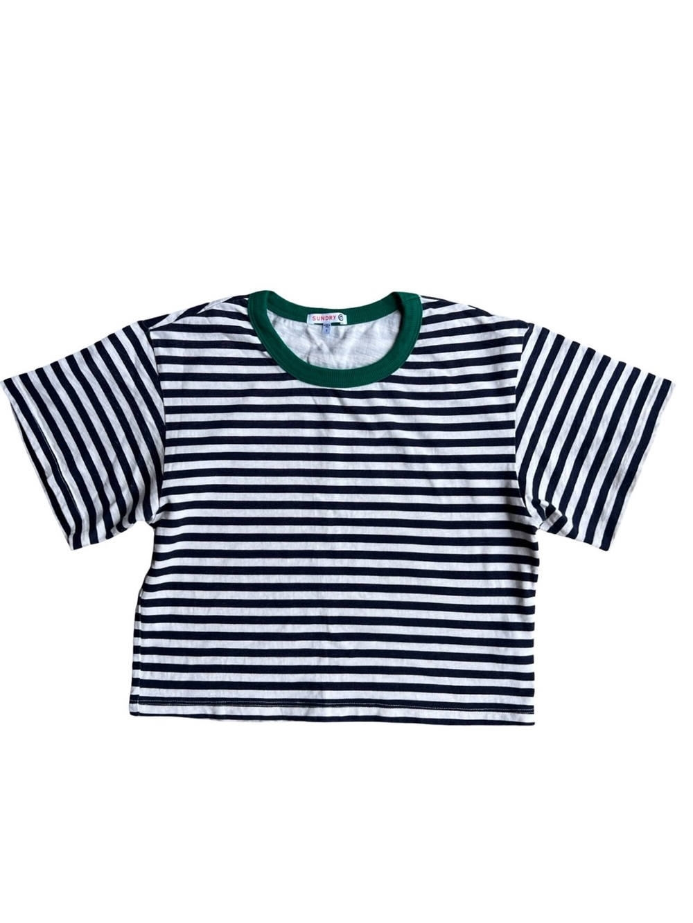 SUNDRY $78 Nautical‎ Navy White Striped Crop S Tee Green Collar USA-Made Classic